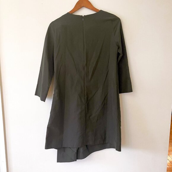 COS Army Green Asymmetrical Hem Gathered Circle A-Line Dress, Size 6 - Picture 5 of 7